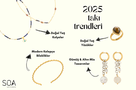 2025 takı modası trendlerini yansıtan doğal taşlı bileklik ve kolye kombin önerisi