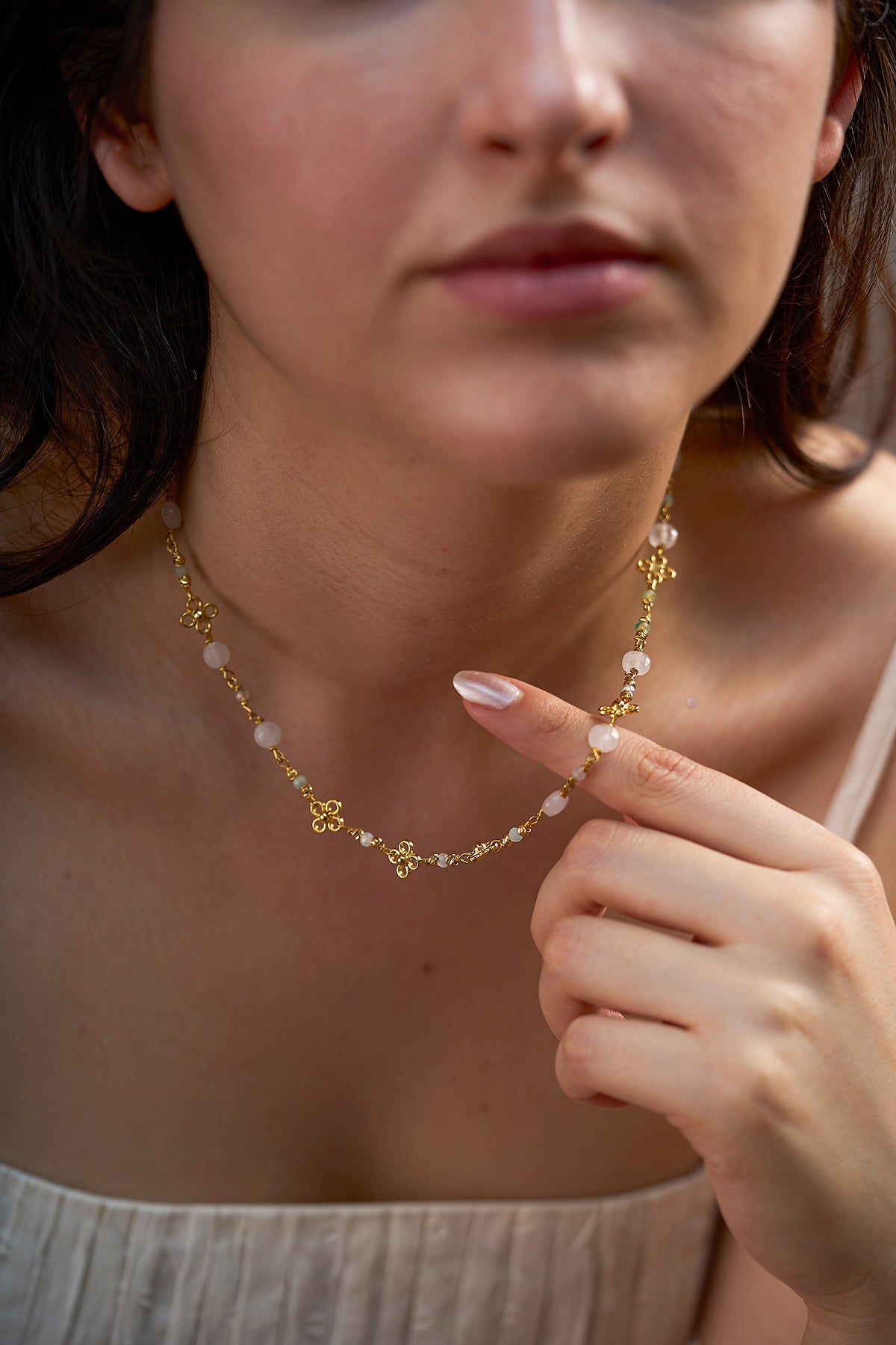 Vintage Çiçek Pembe Kuvars Kristal Boncuk Tasarım Kolye