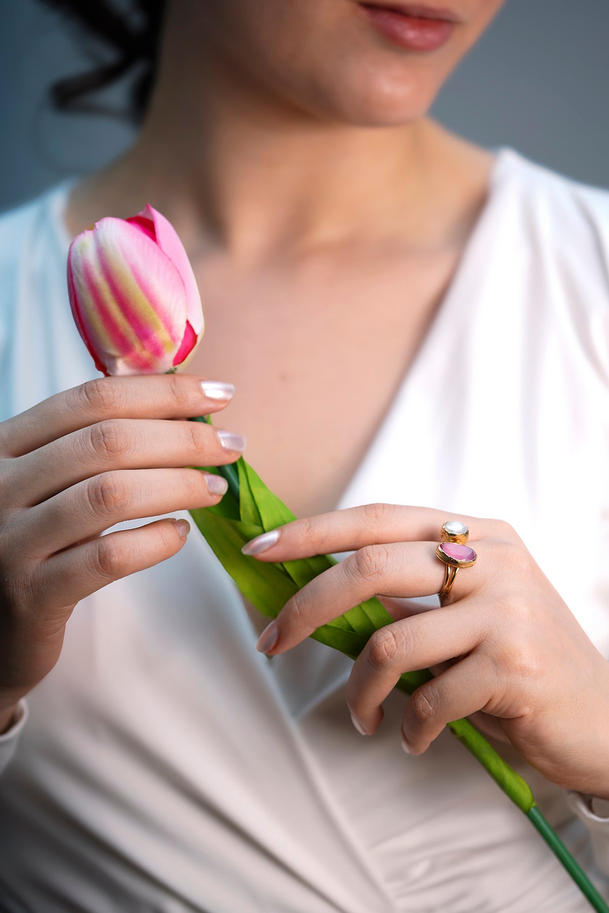 Asimetik Pembe Kedi Gözü Cam İnci İkili Sıvama Yüzük