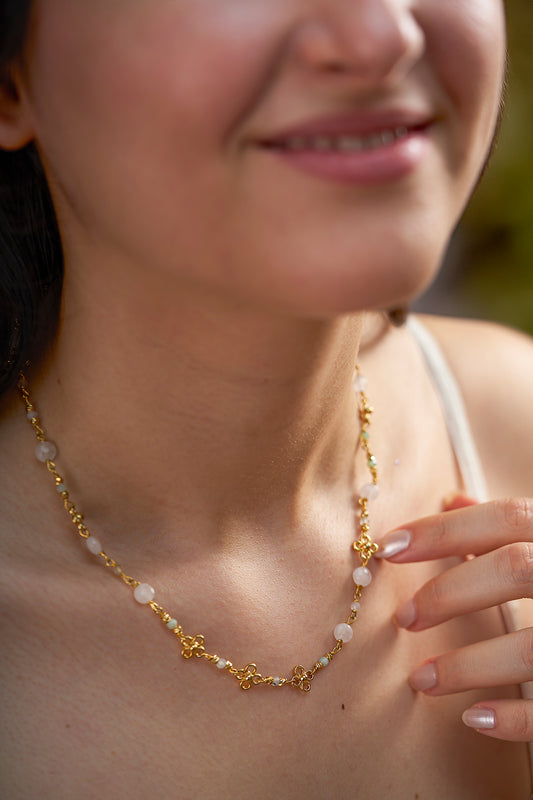 Vintage Çiçek Pembe Kuvars Kristal Boncuk Tasarım Kolye