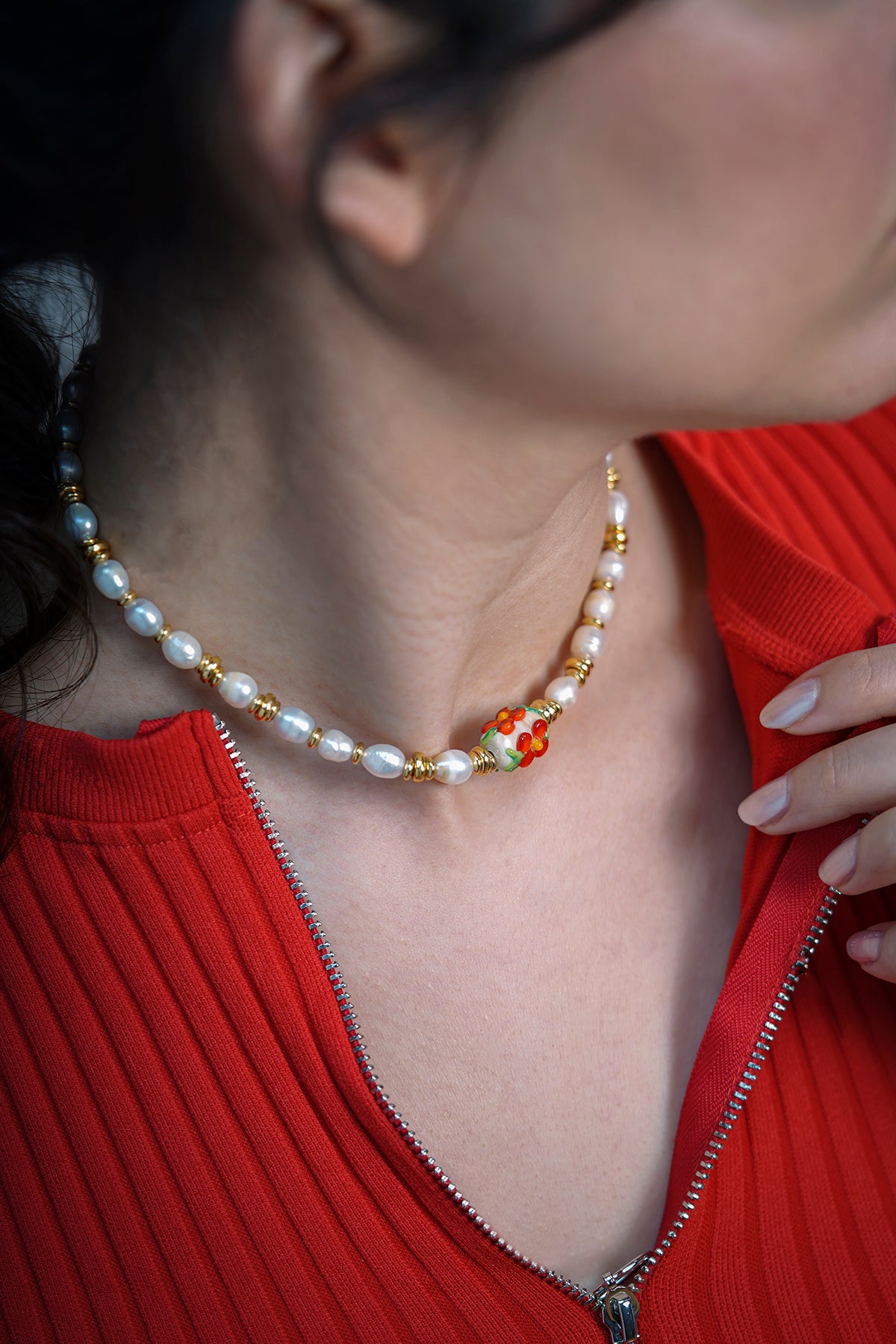 Floral Pearls Tasarım İnci Dizi Kolye Krem-Kırmızı