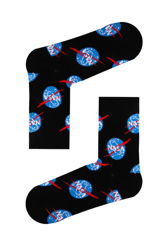 Nasa Logolu Siyah Desenli Renkli Çorap