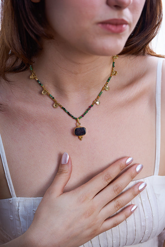 Greeny Bohemian - Anyolit & Granat Özel Tasarım Kolye