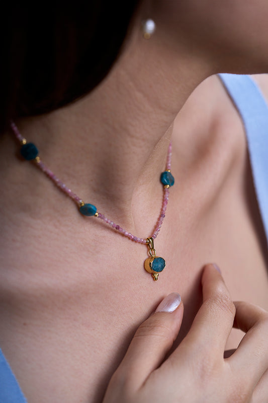 Pinky Bohemian - Rodonit & Apatit Özel Tasarım Kolye