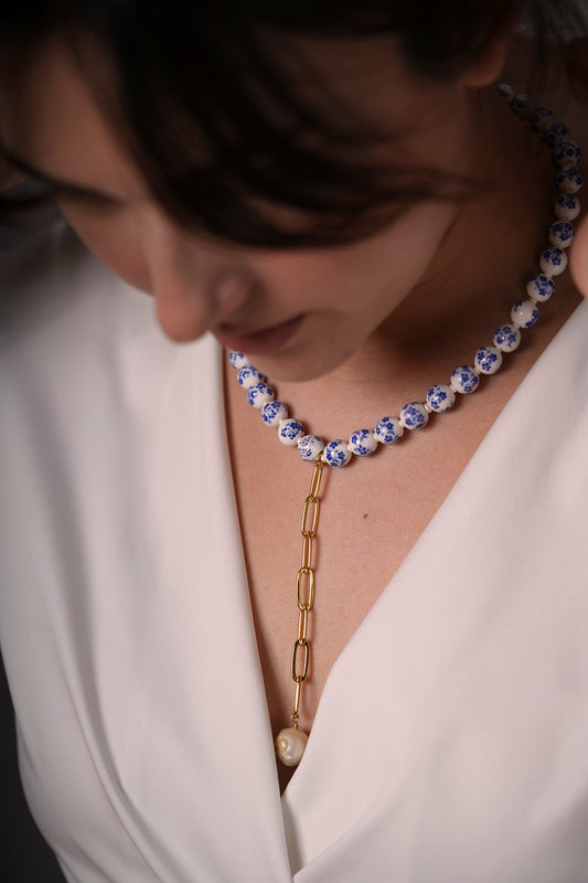 Vintage Seramik Dizi Barok İnci Uçlu Dekolte Kolye