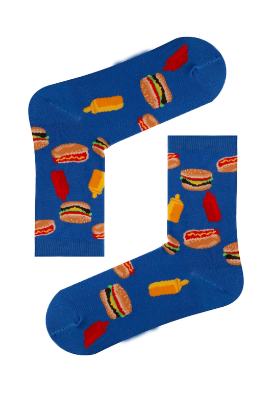 Mavi Fon Hamburger Ketçap Desenli Renkli Çorap