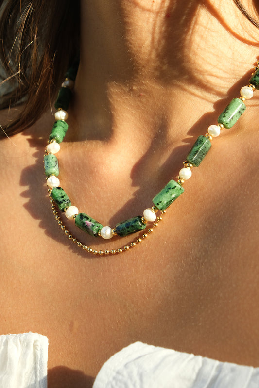 Anyolit - Silindir Kesim Doğal Taş Top Zincir Kombin Kolye