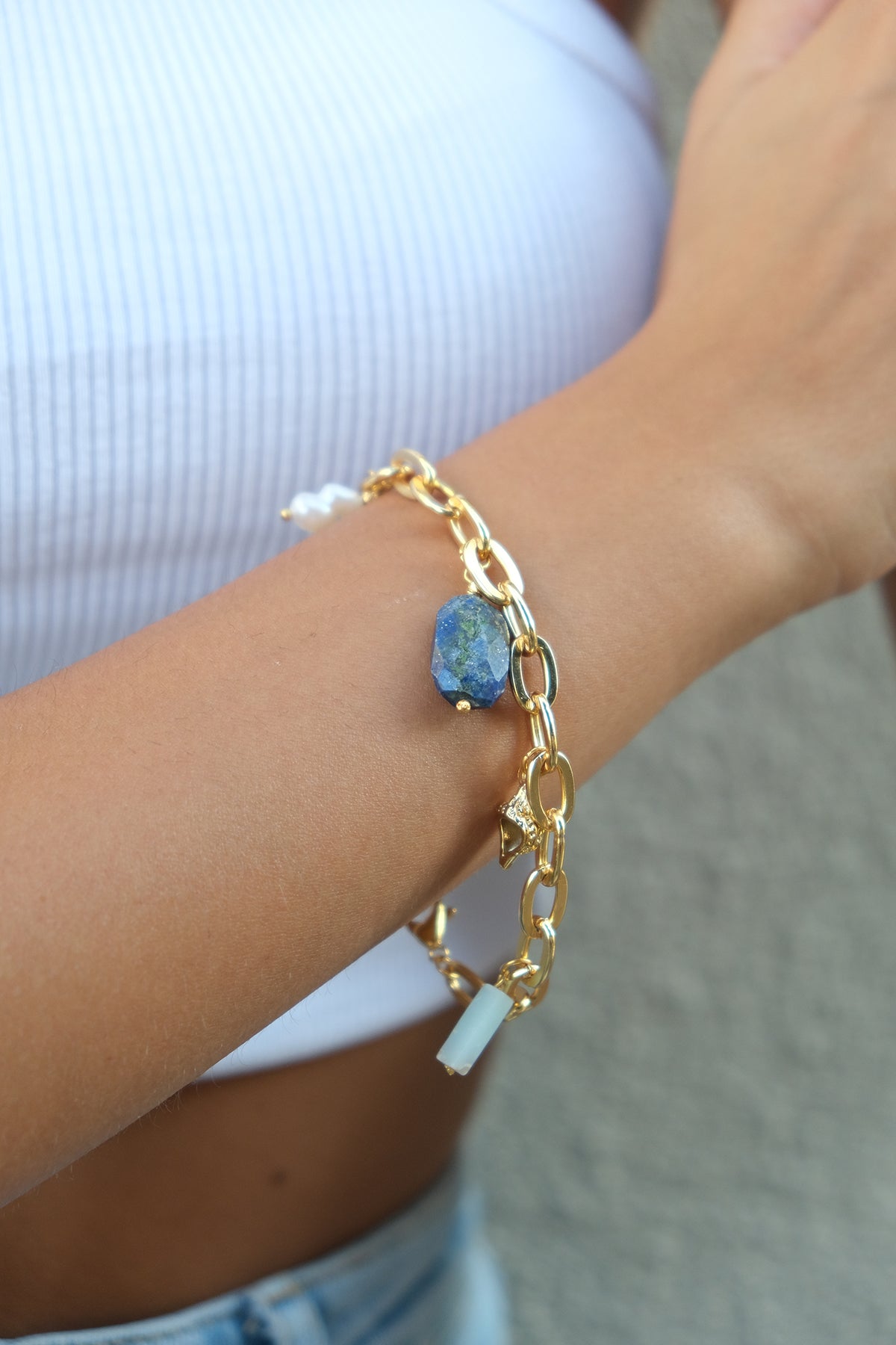 Maxi Zincir Shell Doğal Taş Charm Kombin Bileklik - Lapis İnci Varisit