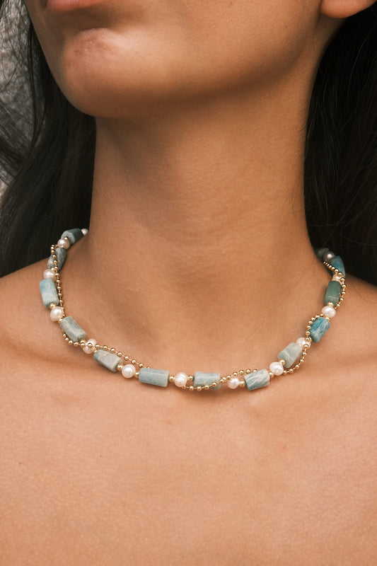 Amazonit - Silindir Kesim Doğal Taş Top Zincir Kombin Kolye