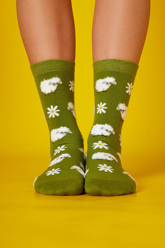 Papatya Koyun Yeşil Fon Desenli Çorap (36-41)