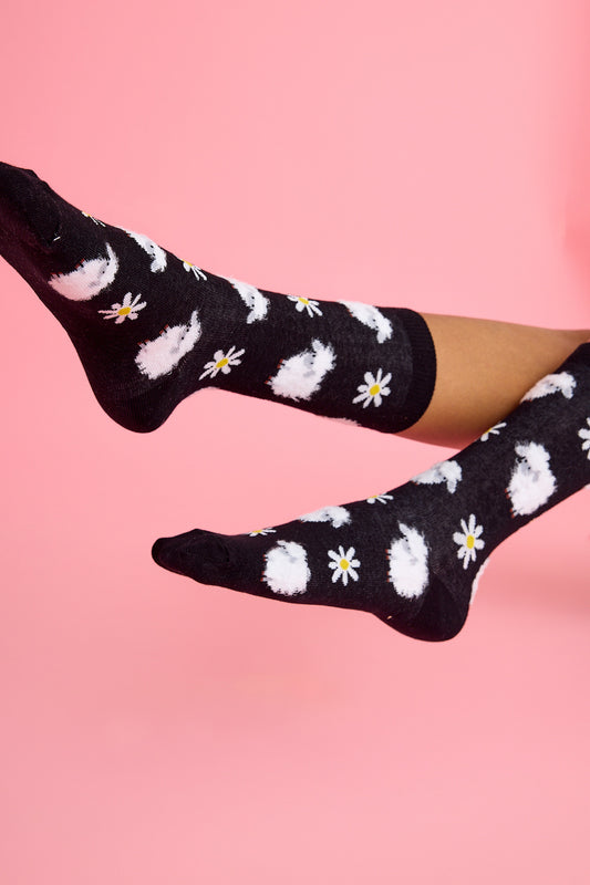 Papatya Koyun Siyah Fon Desenli Çorap