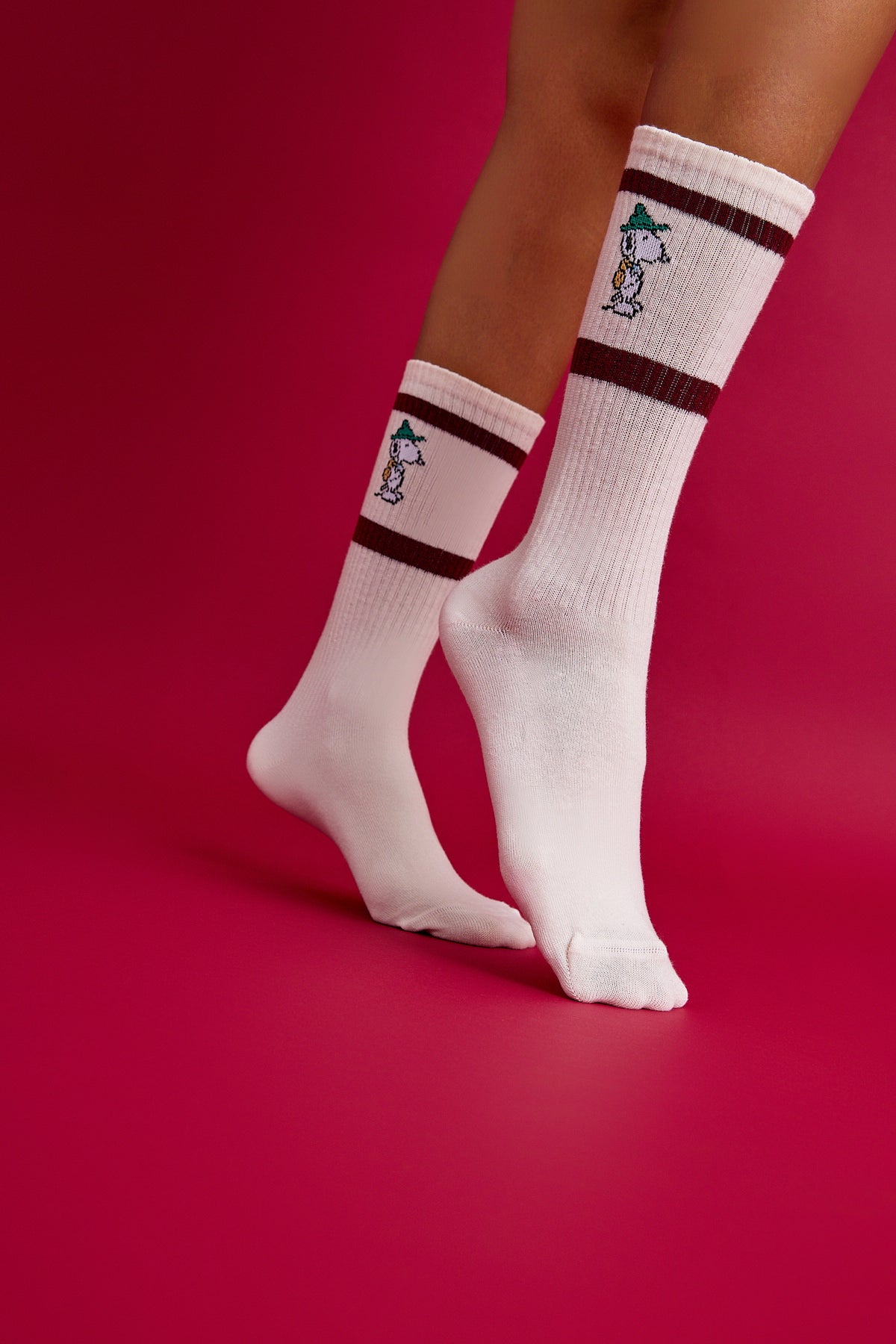 Retro Bordo Çizgili Köpek Desenli Spor Çorap