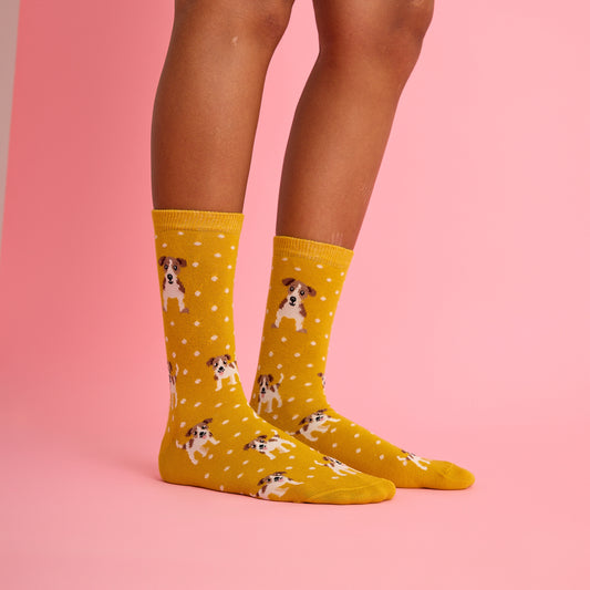 Sarı Puantiyeli Köpek Desenli Çorap