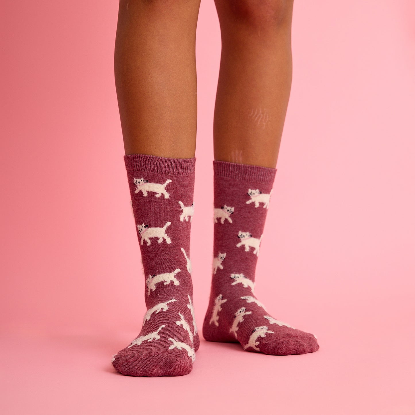 Tüylü Kedi Desenli Kırmızı Çorap