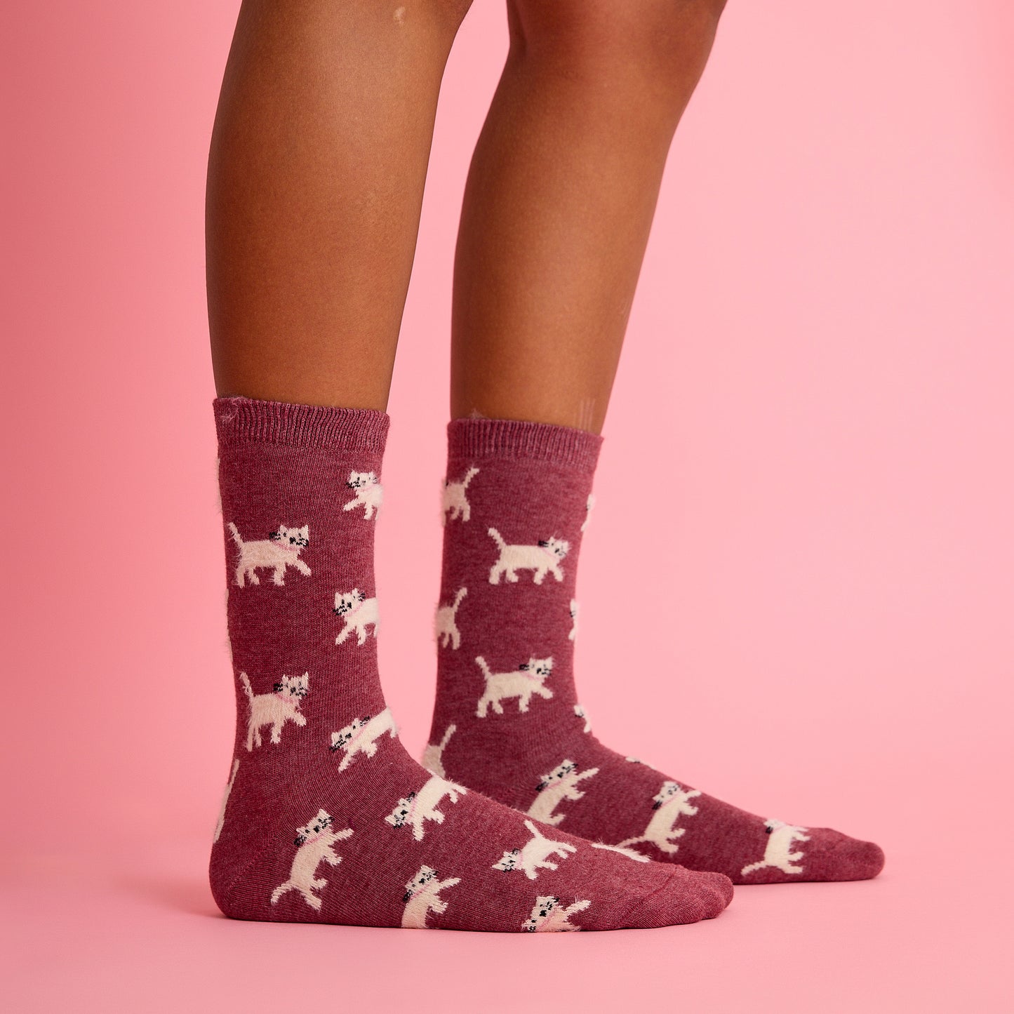 Tüylü Kedi Desenli Kırmızı Çorap