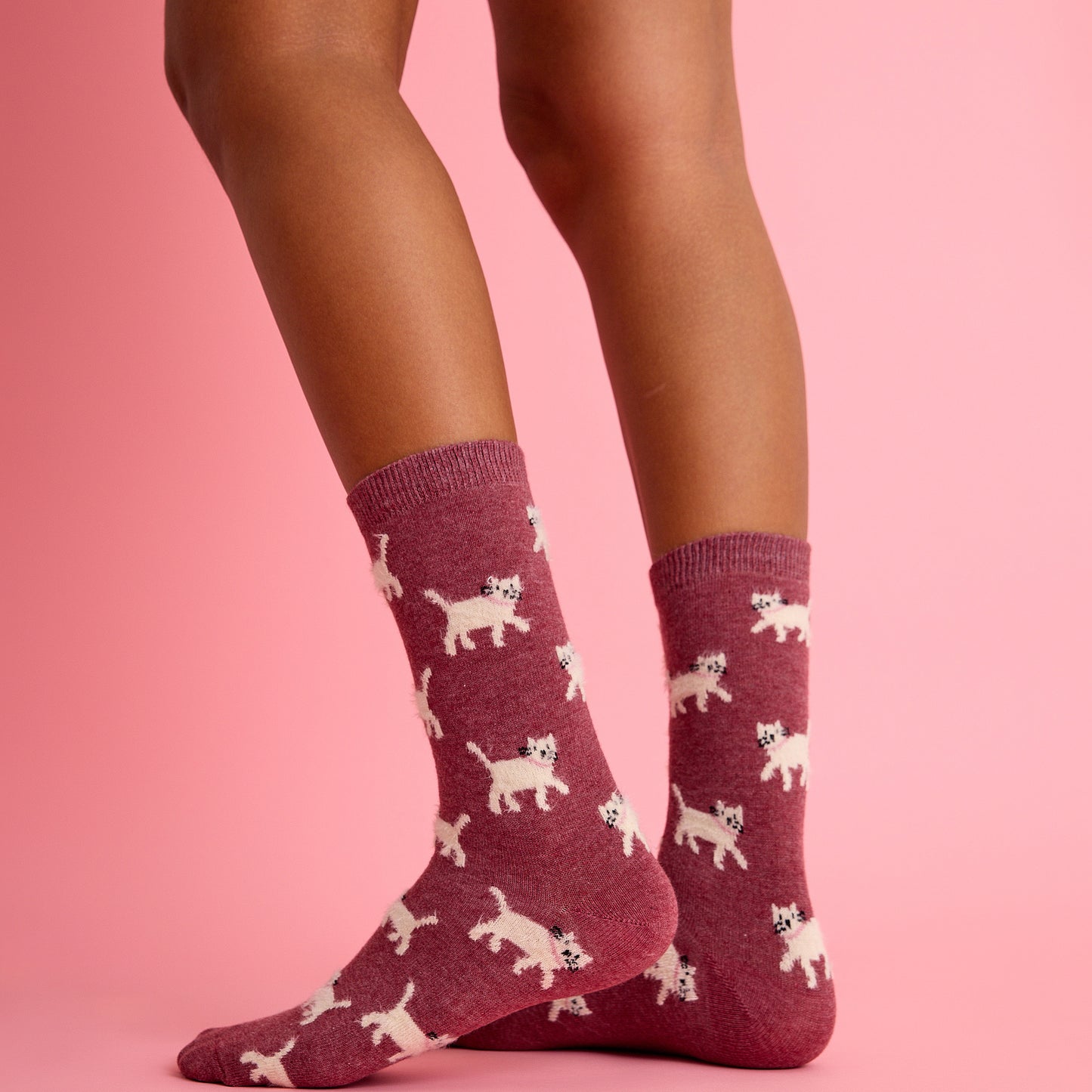 Tüylü Kedi Desenli Kırmızı Çorap