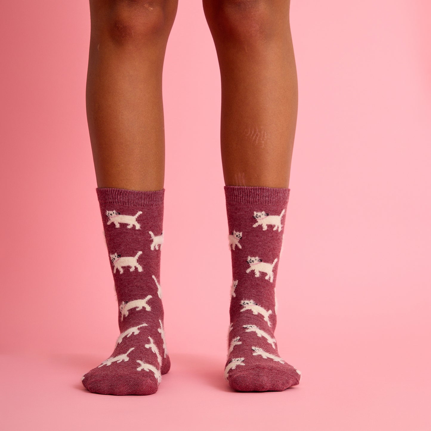 Tüylü Kedi Desenli Kırmızı Çorap