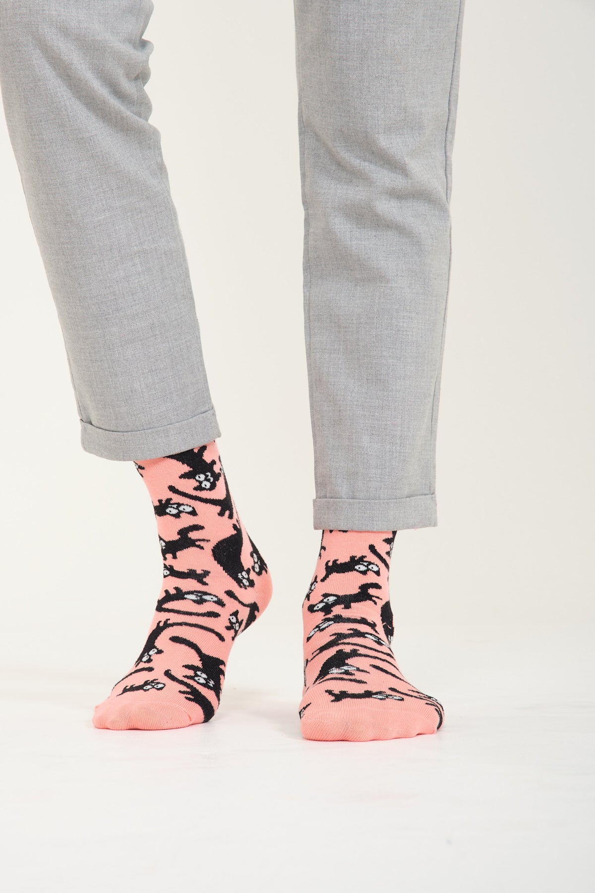 Pembe Kedi Desenli Renkli Çorap