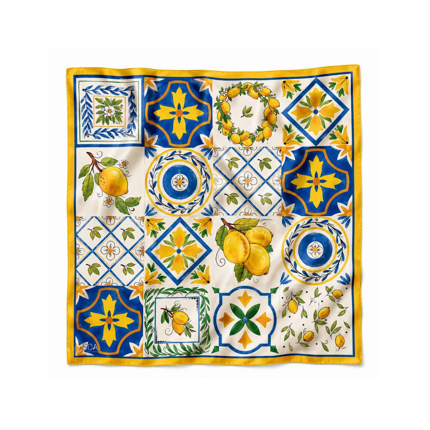 Akdeniz Esintisi 68x68 cm ipek limon ve Akdeniz seramik desenli Soul of Anatolia fular
