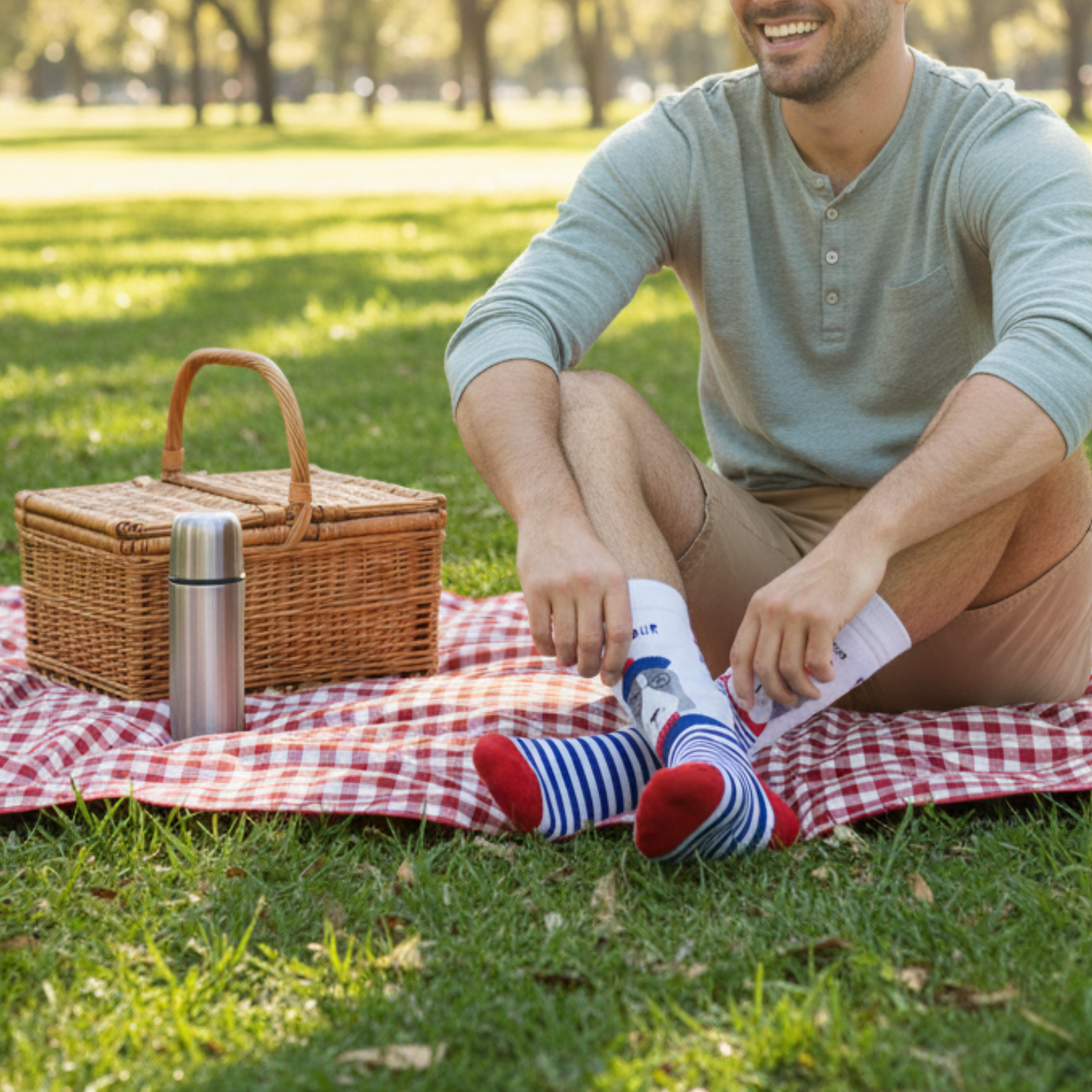 Lacivert-beyaz çizgili, kırmızı detaylı Bonjour bereli köpek desenli unisex çorap — yumuşak pamuklu kumaş