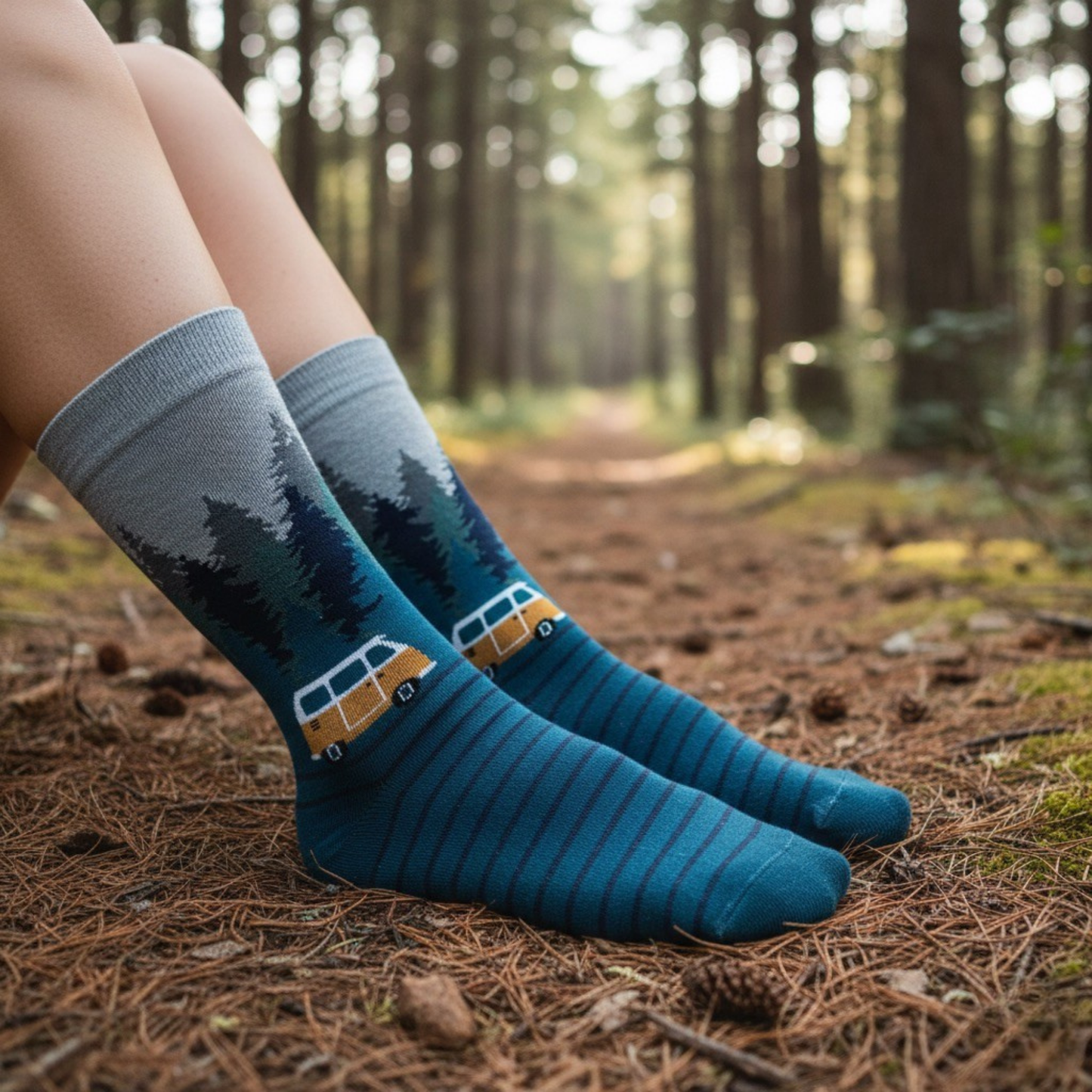 Forest Camper Minibüs Desenli Mavi-Yeşil Çorap