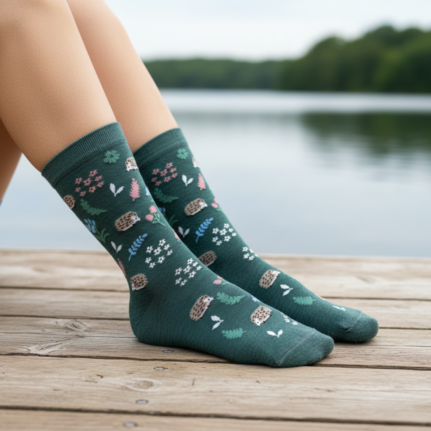 Forest Friends Kirpi Desenli Yeşil Çorap