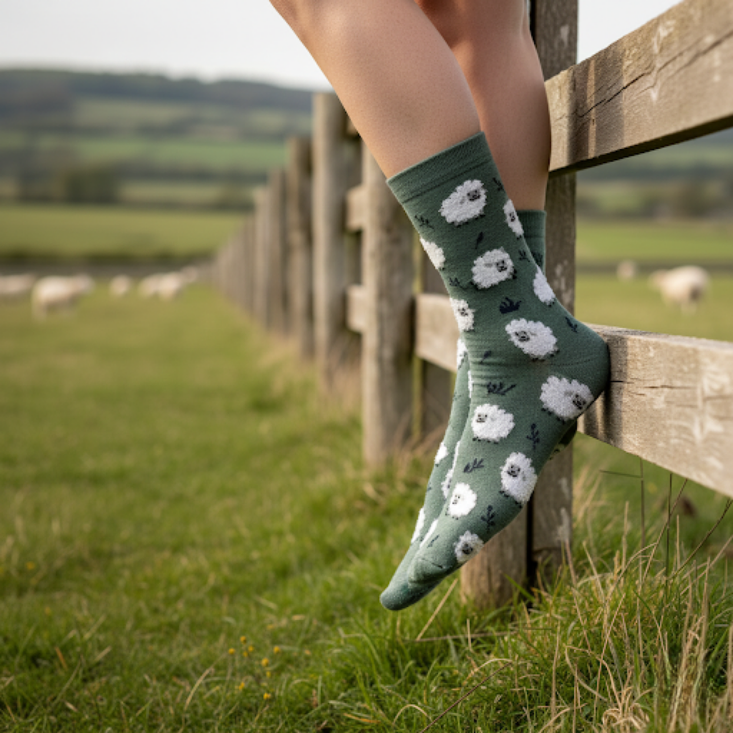 Mavi-yeşil zeminde kabarık koyun desenli pamuklu soket çorap.