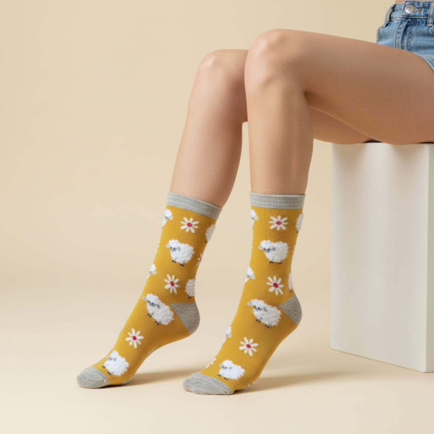 Sarı zeminde papatya ve kabarık koyun desenli pamuklu soket çorap.