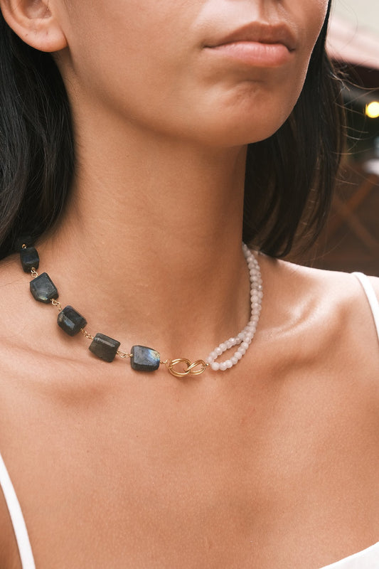 Labradorit - Aytaşı Asimetrik Kristal Doğal Taş Kombin Özel Tasarım Kolye