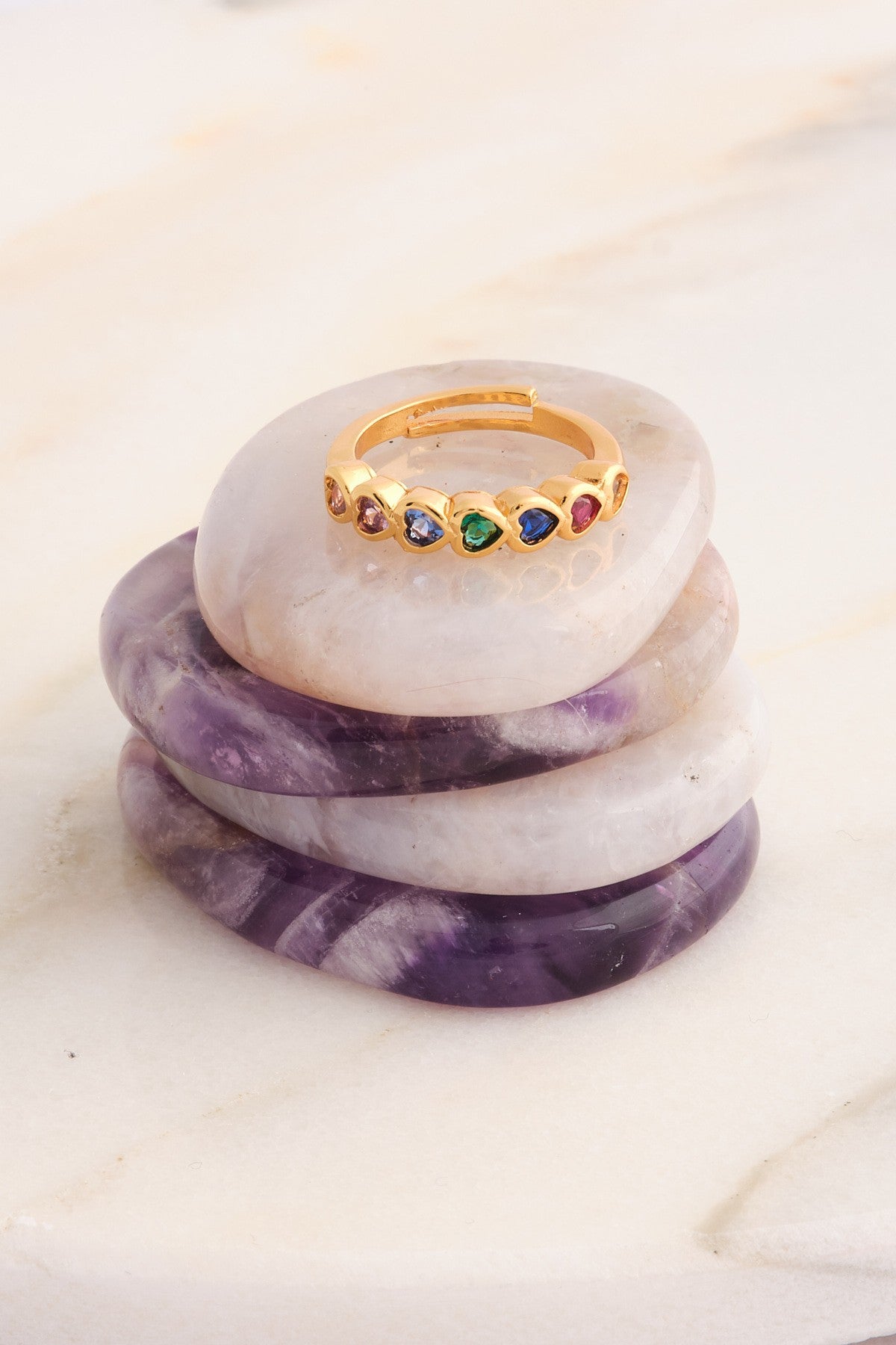 Renkli Sıra Kalp Minimal Yüzük