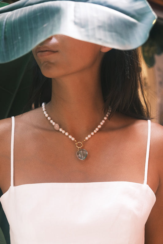 Romance Jade Pembe Kuvars Kalp Doğal Taş İnci Dizi Kolye