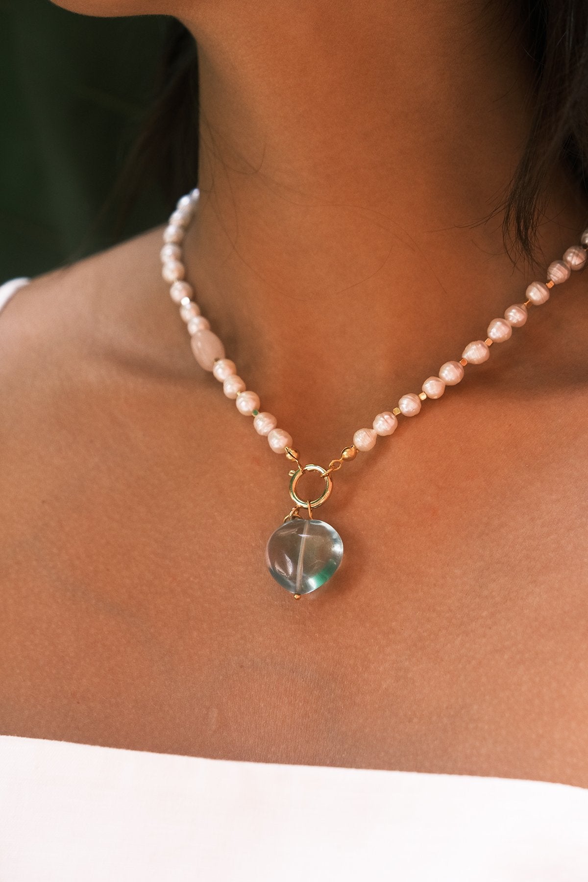 Romance Jade Pembe Kuvars Kalp Doğal Taş İnci Dizi Kolye