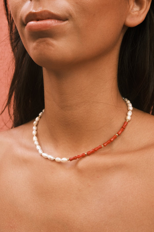 Minimal Barok İnci Mercan Taşlı Tasarım Kolye