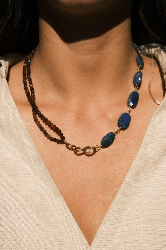 Lapis - Granat Asimetrik Kristal Doğal Taş Kombin Özel Tasarım Kolye