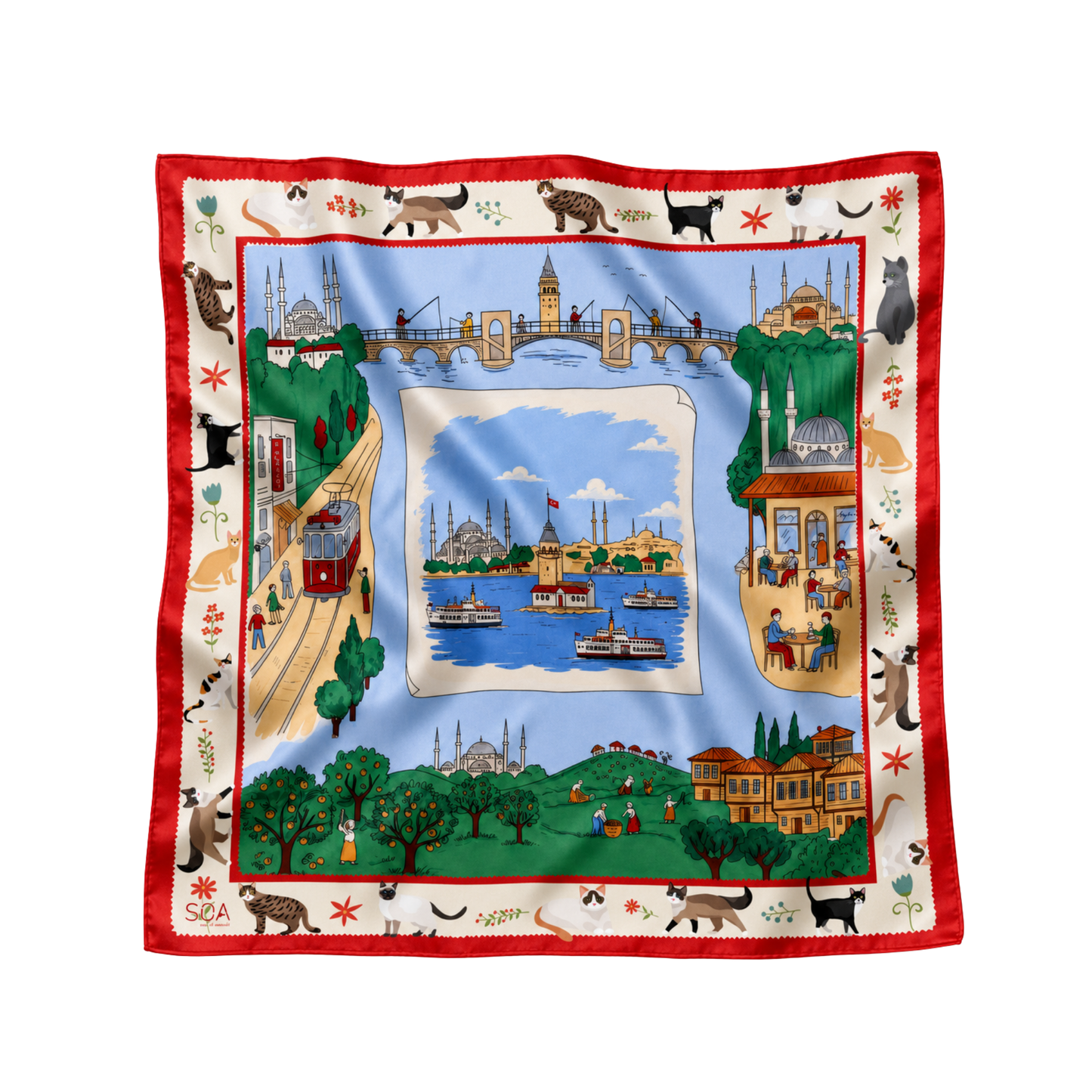 İstanbul Albümü kırmızı 68x68 cm ipek fular, vapur, Kız Kulesi, tramvay, cami ve kedi desenli tasarım