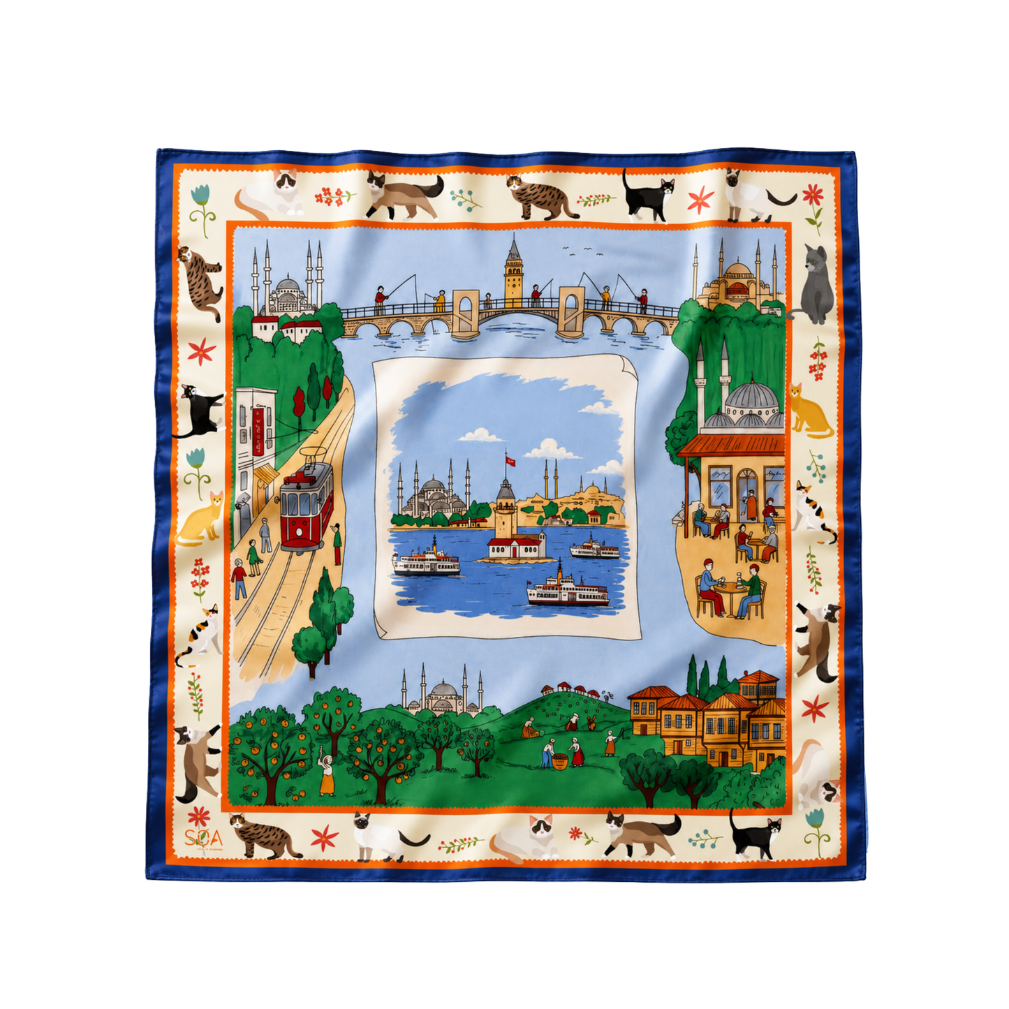 İstanbul Albümü lacivert 68x68 cm ipek fular, Boğaz, vapur, Kız Kulesi, Galata Kulesi ve kedi desenli tasarım