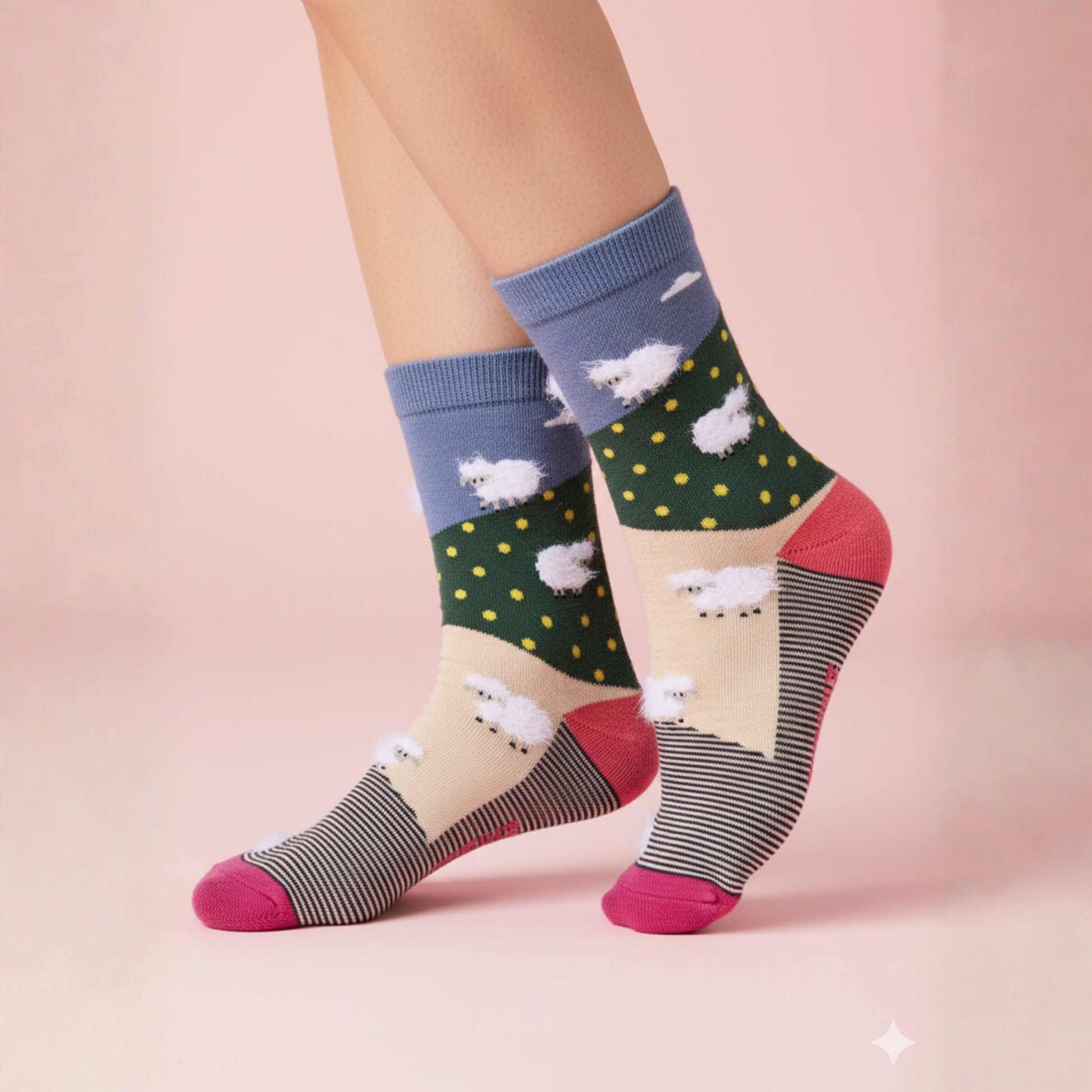 Mavi-yeşil-bej manzara zemin üzerinde kabarık koyun motifli, fuşya burunlu ve çizgili tabanlı soket çorap.