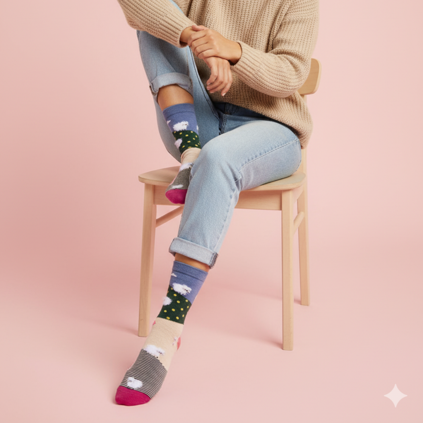 Mavi-yeşil-bej manzara zemin üzerinde kabarık koyun motifli, fuşya burunlu ve çizgili tabanlı soket çorap.