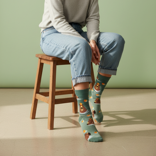 Yüzen Kapibaralar Desenli Yeşil Çorap