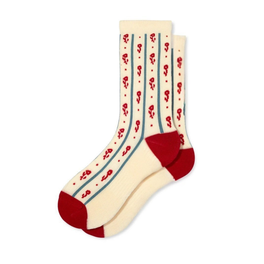 Kırmızı Çiçek Desenli Retro Organik Pamuk Çorap