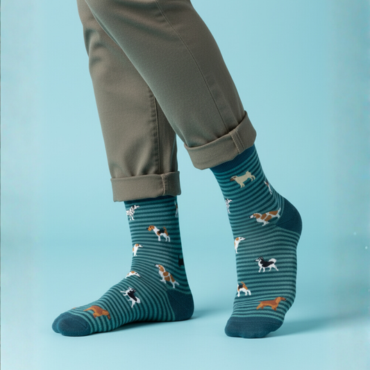 etrol mavisi çizgili zemin üzerinde farklı köpek desenleri bulunan soket çorap.