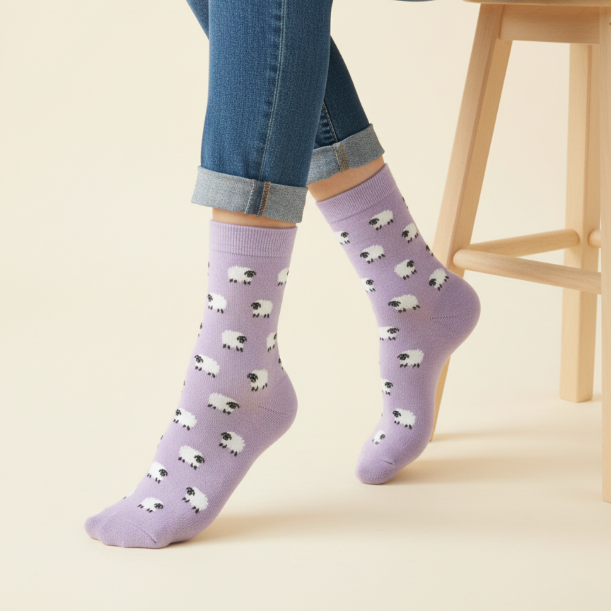 Lila zemin üzerinde minik beyaz kuzu desenli kadın soket çorap.
