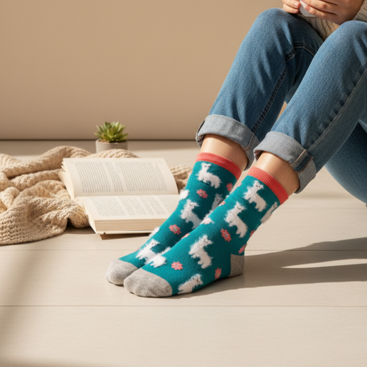 Turkuaz zemin üzerinde beyaz lama ve koral çiçek desenleri bulunan, gri topuk ve burun detaylı soket çorap.