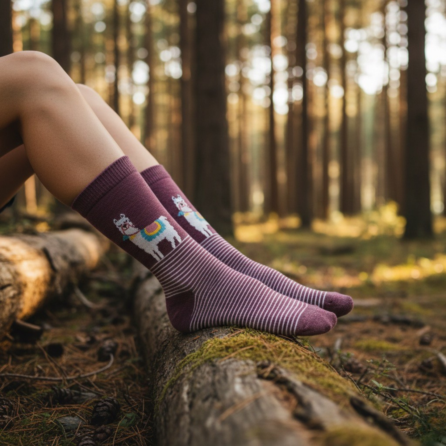 Gül kurusu zeminli, çizgili tasarımda lama desenli pamuklu soket çorap.