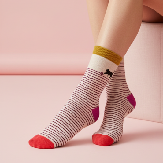 Oyuncu kedi ve ip topu desenli krem zemin, mor çizgili soket çorap – hardal manşet, pembe topuk ve kırmızı burun detaylı.