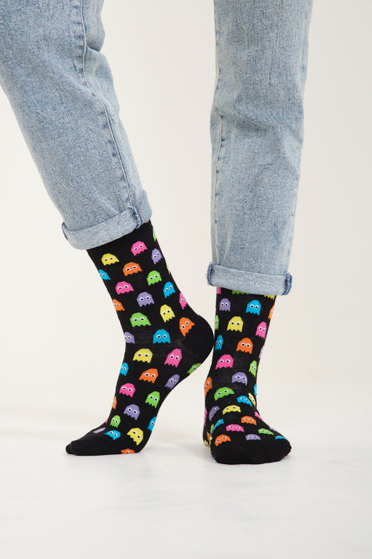 Pacman Desenli Siyah Çorap