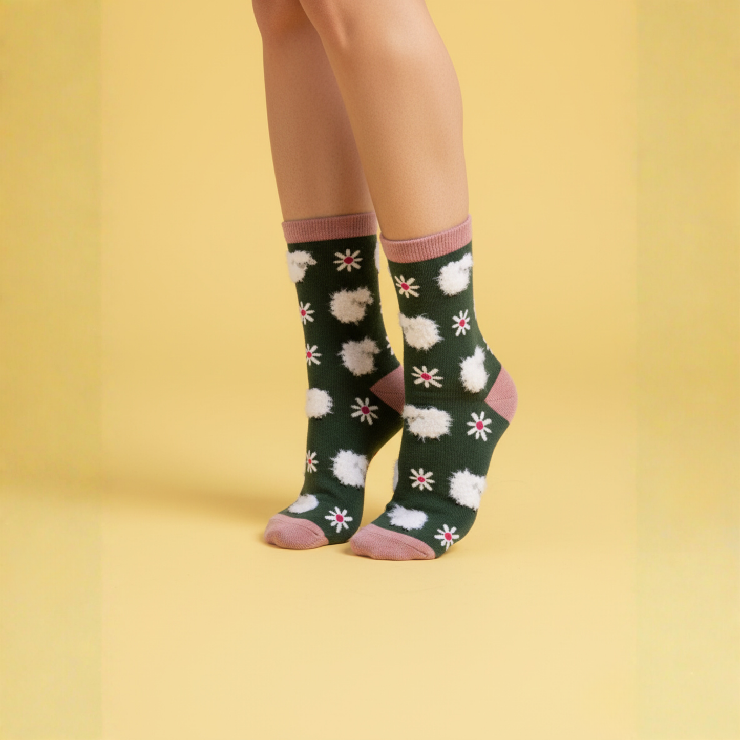 Papatya ve kabarık koyun desenli yeşil soket çorap — pamuklu, rahat ve zarif tasarım