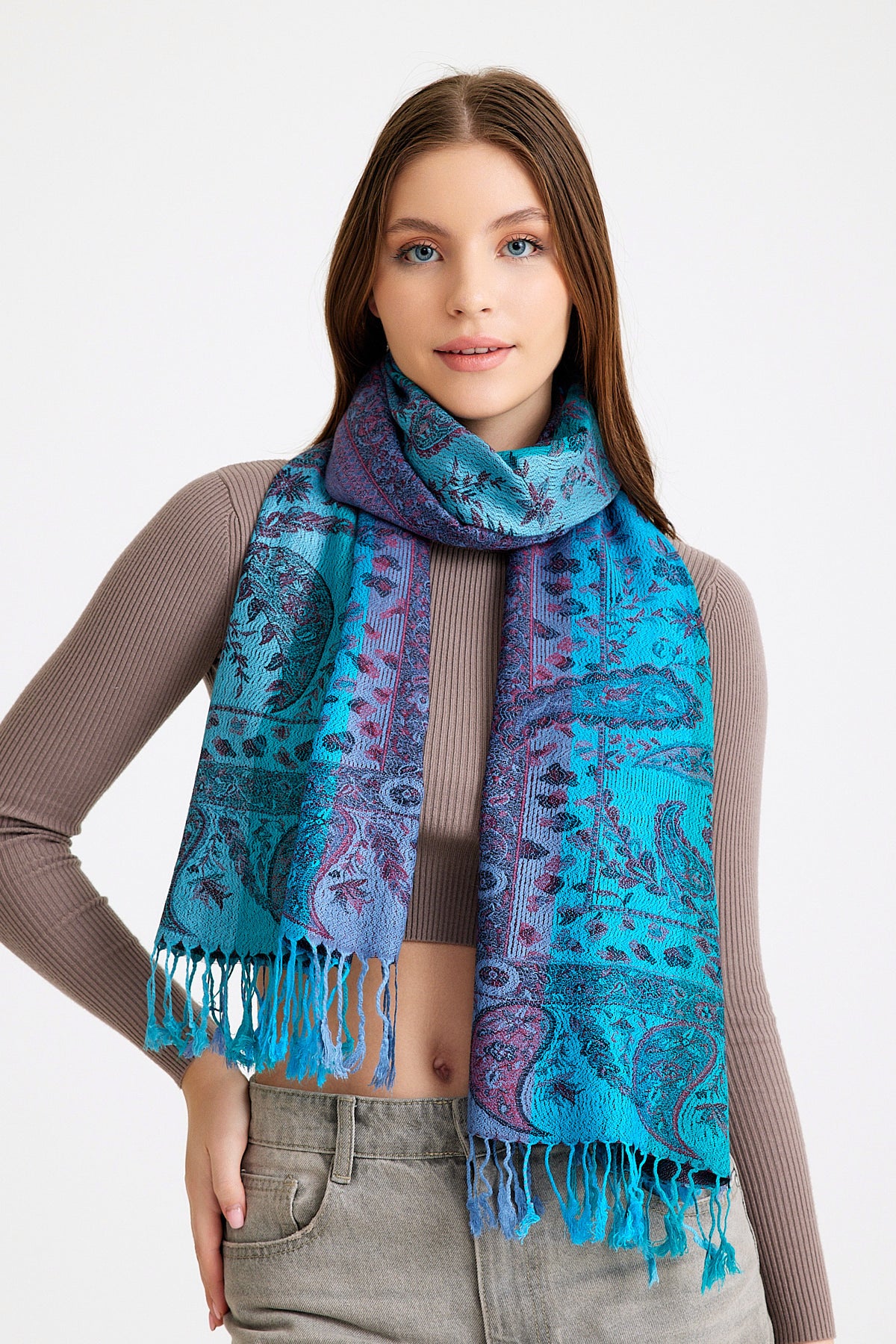 Paisley Desen Pashmina Şal - Mavi & Mor