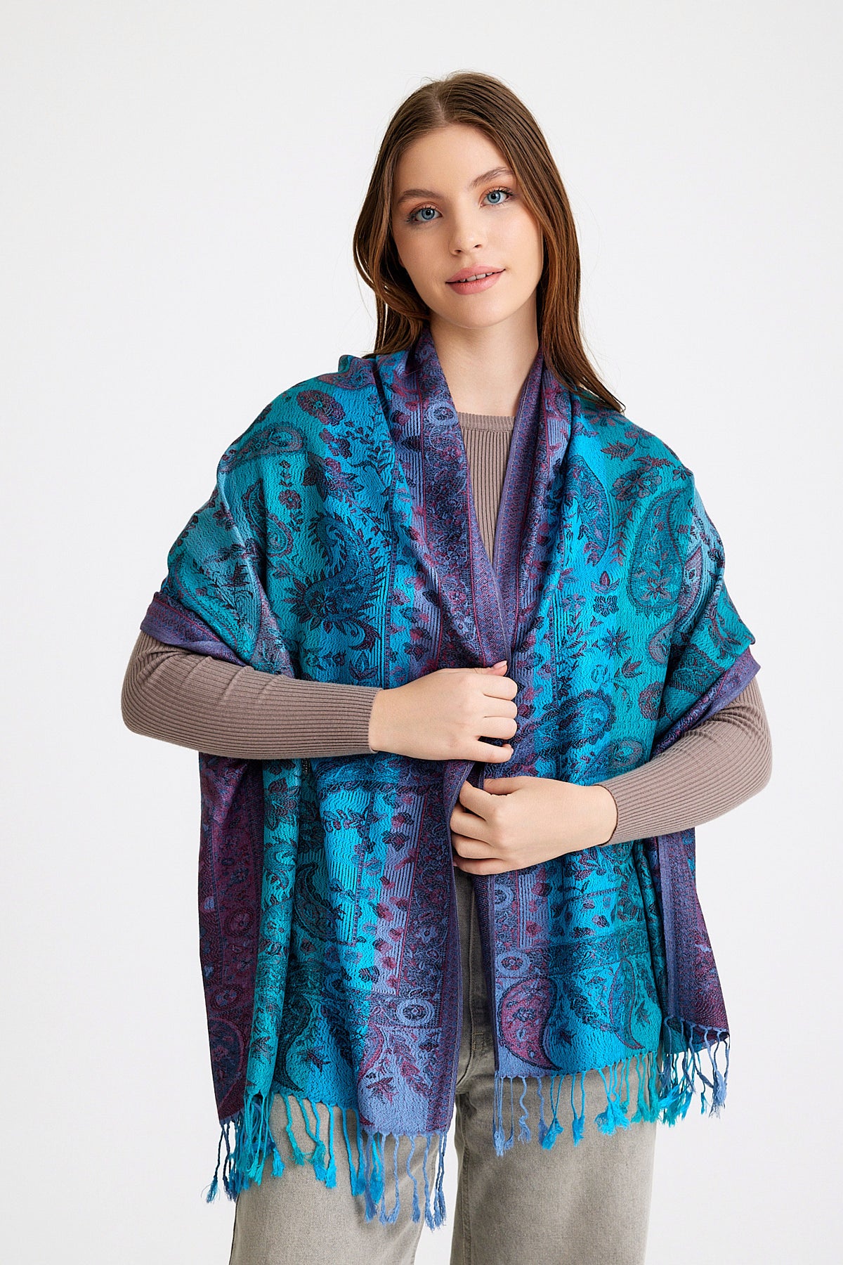Paisley Desen Pashmina Şal - Mavi & Mor