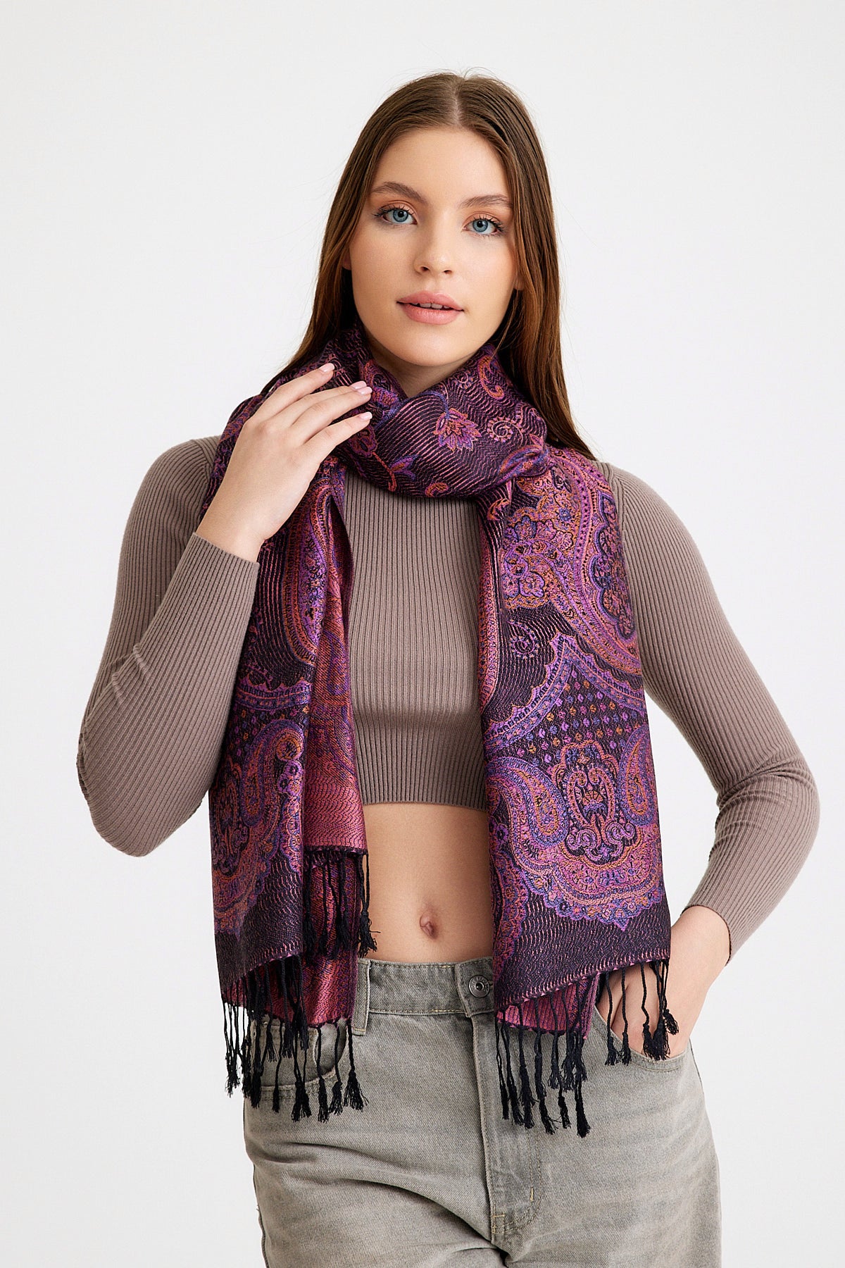 Paisley Desen Pashmina Şal - Mor